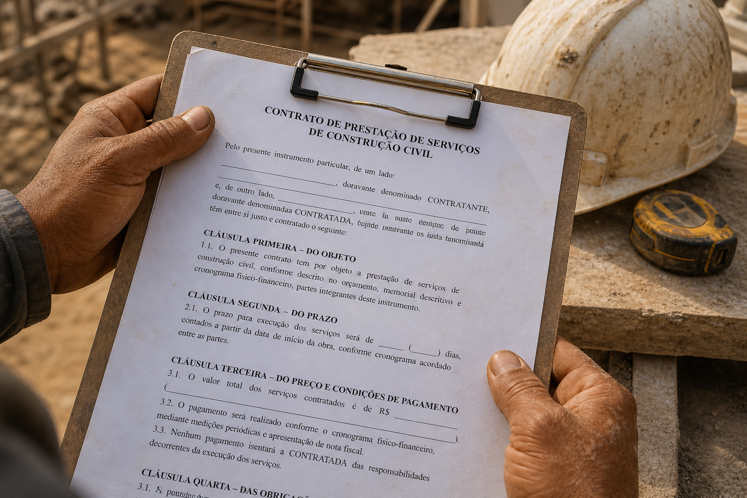 Cláusula de reajuste em contrato de obra: mãos brasileiras sobre prancheta com contrato impresso em canteiro real