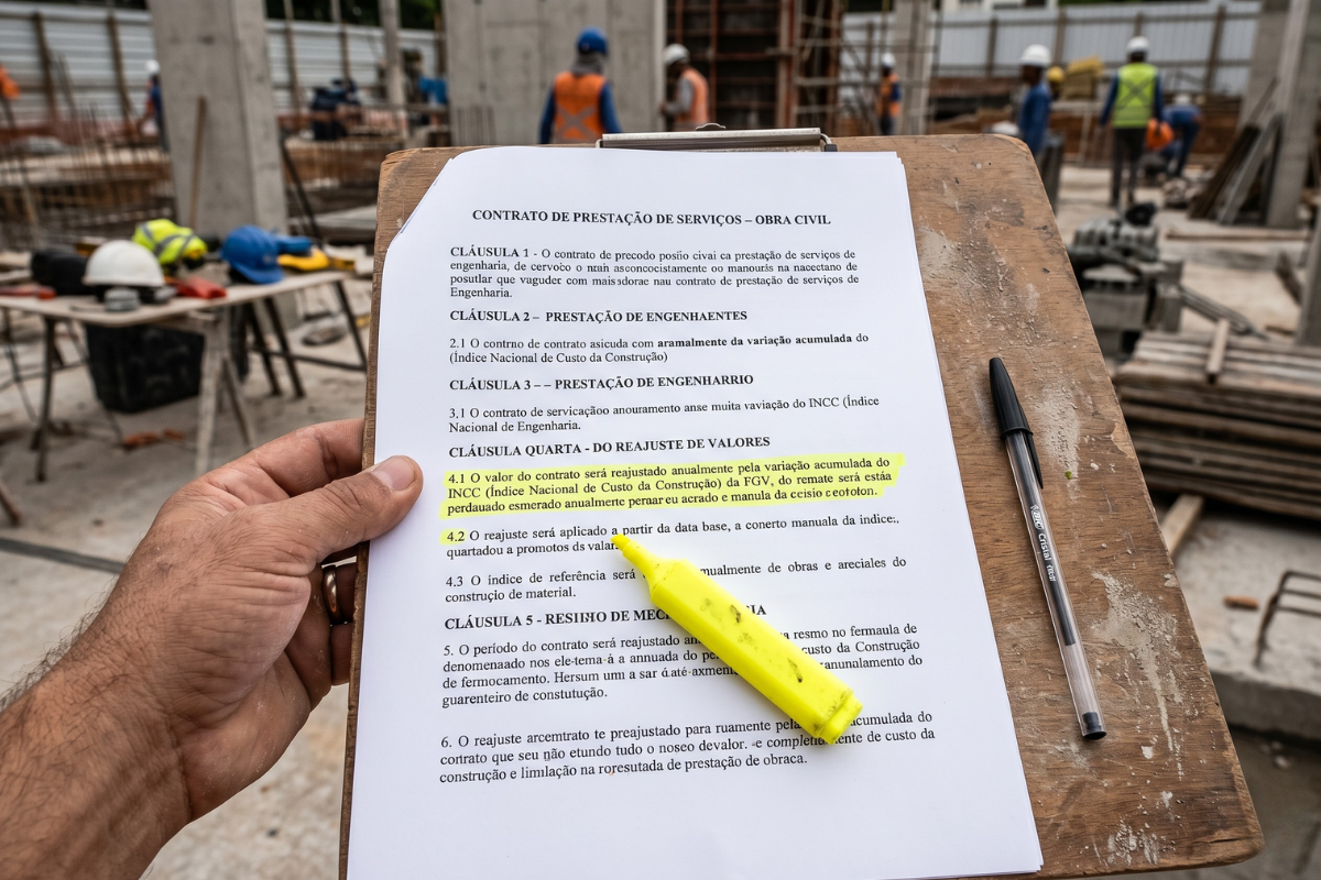 Cláusula de reajuste em contrato de obra: página impressa com cláusula destacada em marca-texto amarelo